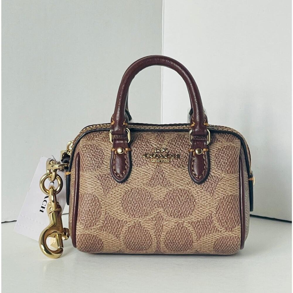 Coach Mini Rowan Bag Charm Brown Signature Canvas Leather Gold CX068